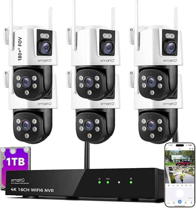 [2-in-1 CAM] XMARTO 16CH Security Camera System Outdoor Wireless, 6pcs 2-in-1 Cameras, 16CH 4K Long Range WiFi 6 Surveillance DVR NVR Kit, Pan Tilt Zoom 4MP QHD Home CCTV Camera Set w. 1TB Hard Disk