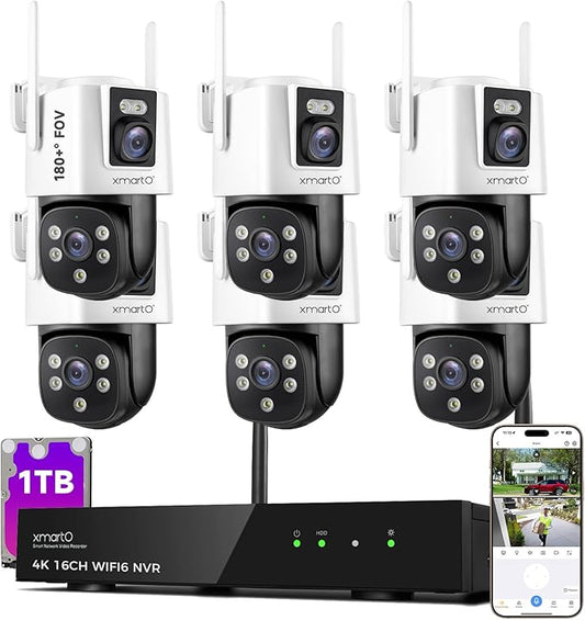[2-in-1 CAM] XMARTO 16CH Security Camera System Outdoor Wireless, 6pcs 2-in-1 Cameras, 16CH 4K Long Range WiFi 6 Surveillance DVR NVR Kit, Pan Tilt Zoom 4MP QHD Home CCTV Camera Set w. 1TB Hard Disk