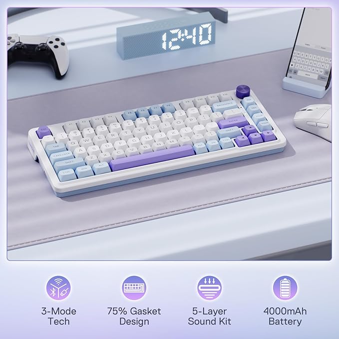 Redragon K673 MAX 75% Wireless Gasket RGB Gaming Keyboard, 3-Modes 81 Keys PBT Compact Mechanical Keyboard w/Hot-Swap Socket, Dedicated Knob Control & 5-Layer Noise Dampening, Custom Linear Switch