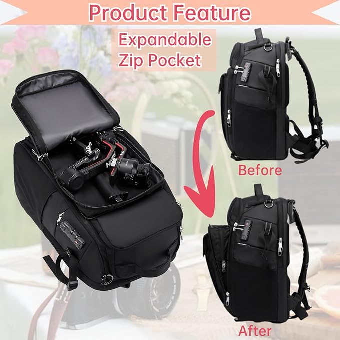 Camera Backpack Large, Waterproof Camera Bag for Mirrorless and DSLR with TSA Lock,Quick Access,17-Inch Laptop Compartment, Adjustable Straps - Fits Camera Stabilizer,Drone, Black