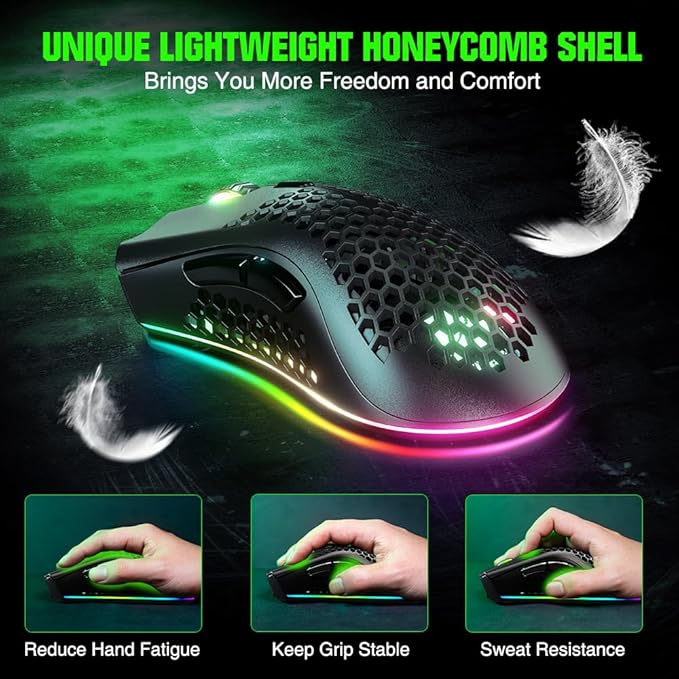 KM-1 Gaming Mouse, Wireless Mouse Gaming Computer Mice USB with Honeycomb Shell, 6 Programmed Buttons, 3 Adjustable DPI, Ergonomic RGB Optical Mouse for PC Mac Laptop