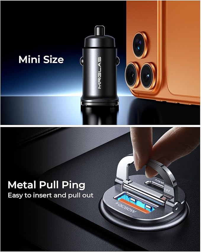 【Upgraded】 125W Car Charger USB C Super Fast Charging, [PD65W & QC60W][All Metal] MRGLAS Cigarette Lighter Car Charger, Car Accessories for iPhone 17 16 Pro Max Air iPad Samsung S25 Pixel 10