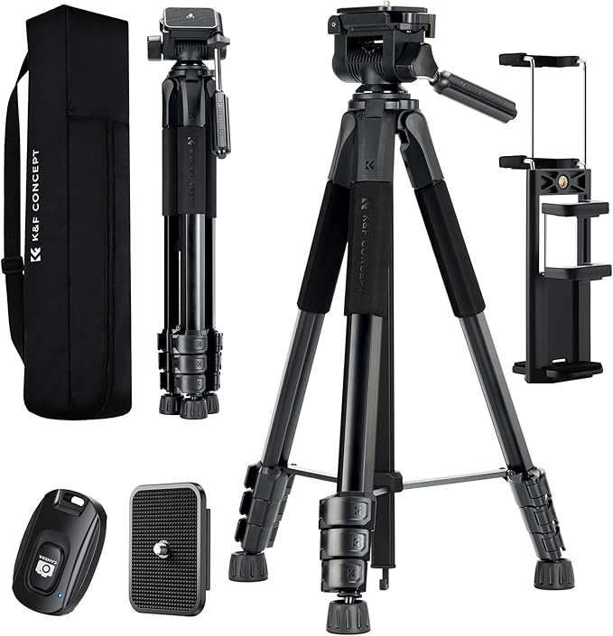 K&F Concept Camera Tripod, 68" Lightweight Portable Travel Outdoor DSLR Tripods for Camera Phone Video Recording Tripod Stand, Cellphone Clip for Smartphone Live Streaming Vlog S254A3+BV01