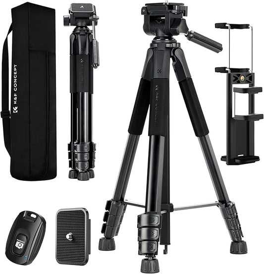 K&F Concept Camera Tripod, 68" Lightweight Portable Travel Outdoor DSLR Tripods for Camera Phone Video Recording Tripod Stand, Cellphone Clip for Smartphone Live Streaming Vlog S254A3+BV01