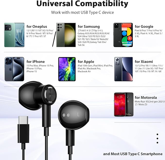 USB C Headphones for iPhone 17 Air 16e 16 Pro Max 15 Plus, Type C Headphone Wired Earbuds with Mic HiFi Magnetic Sport Earphone for iPad Pro Air Samsung Flip Fold 6 Galaxy S25 S24 S23 OnePlus 13 12 9