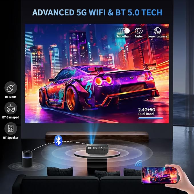 1250 ANSI Smart 4K Daytime Projector with WiFi Bluetooth 2 HDMI ARC Apps Auto Focus Zoom Ceiling Proyector Audio Out for Daylight Home Theater Laptop Phone PC TV Movie Gaming Presentation Living Room