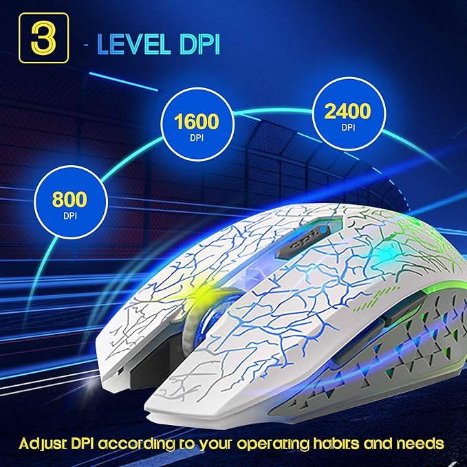 VEGCOO C10 Wireless Gaming Mouse, Rechargeable Gaming Mouse, Silent Optical Mice with 2.4G USB Receiver, 3 Ajustable DPI, 7 Colorful LED Lights for Gamer (White)