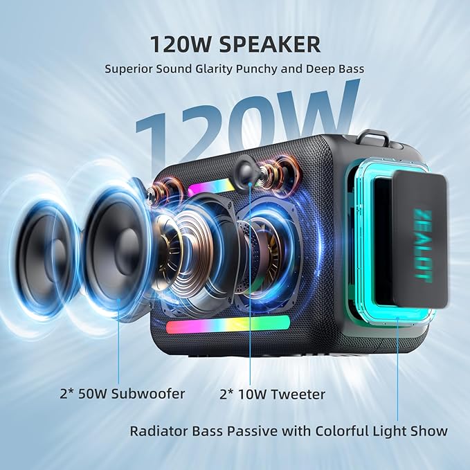ZEALOT 120W Bluetooth Speaker, Wireless Speakers IPX6 Waterproof Loud Bluetooth Subwoofer Speaker with LED Light, 40H Playtime, Custom EQ, Portable Wireless Stereo Paired Speakers for Outdoor, Party