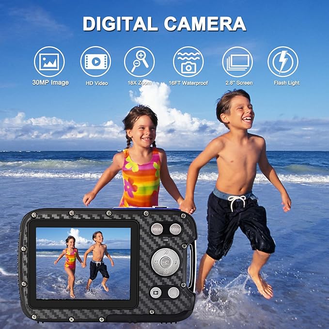 16FT Underwater Camera 30MP Waterproof Digital Camera with 32G Card and Rechargeable Battery, 18X Point and Shoot Camera for Boys Girls Children Teens Snorkeling Swimming Vacation(Blue)