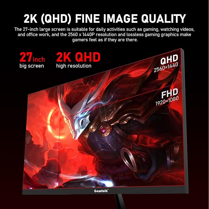 27 inch 2K QHD(2560×1440) PC Screen, 165Hz Gaming Monitor, 1ms Without Bezel, FreeSync,98% sRGB, 178° Wide Viewing Angle, HDMI2.0、DisplayPort, 75 * 75MM Wall Mount Compatible - Black