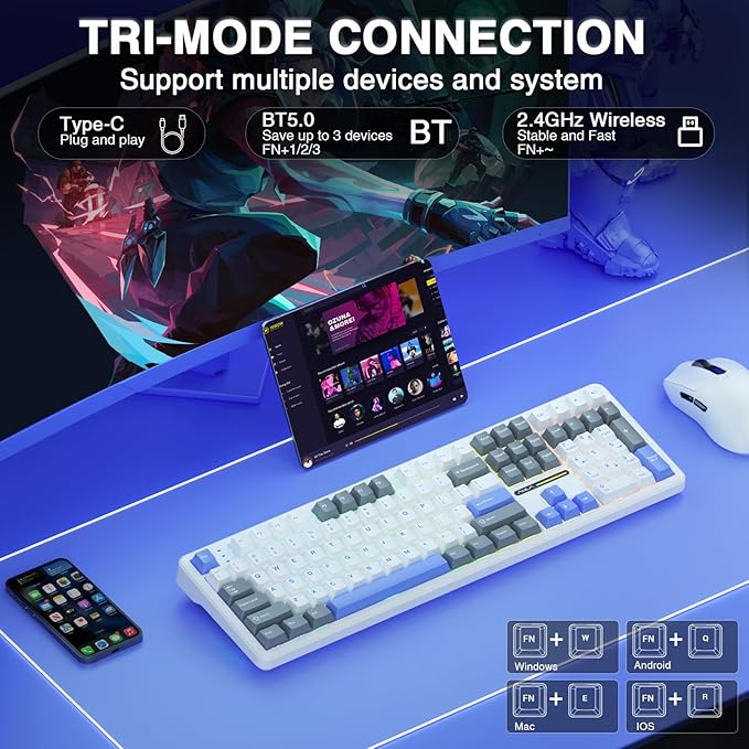 AULA F108 Wireless Mechanical Keyboard, BT5.0/USB-C/2.4GHz Hot Swappable Custom Gaming Keyboards, PBT Keycaps, Pre-lubed Switches, RGB Backlit Full Size Creamy Keyboard with Number Pad, 108 Keys