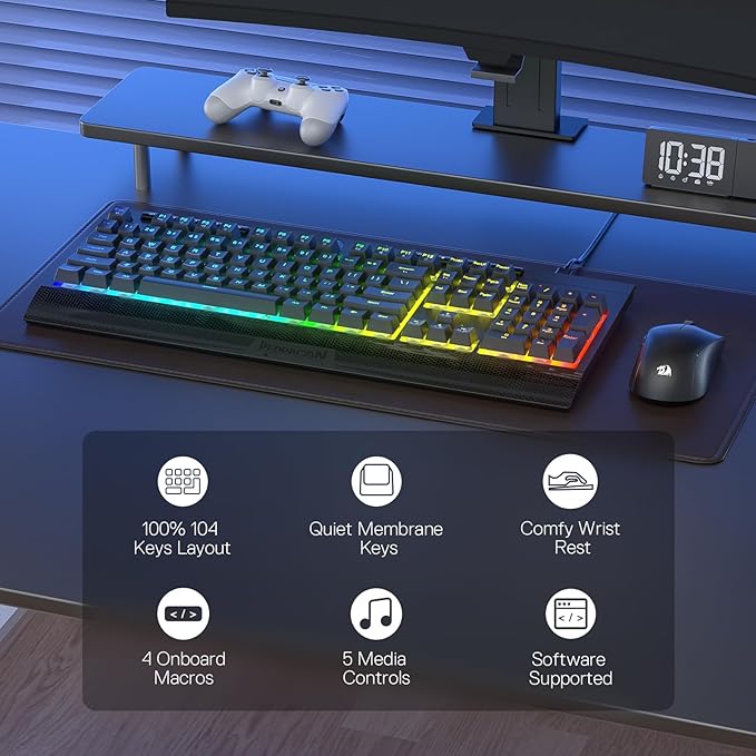 Redragon K525 RGB Backlit 104 Keys Wired Membrane Gaming Keyboard w/ 5 Multimedia Keys & 4 Extra On-Board Macro Keys, Dedicated Media Control, Ergonomic Wrist Rest, Linear Mechanical-Feel Switch