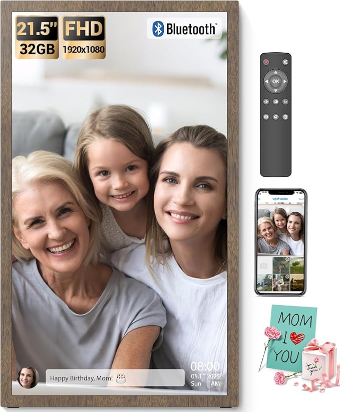 BSIMB Large Digital Picture Frame 21.5 Inch, 1920x1080 FHD WiFi Digital Photo Frame Electronic 32GB Remote Control, Share Pictures/Videos via App/USB/SD Easy Setup Gifts for Mom(Non-Touch), Dark Wood