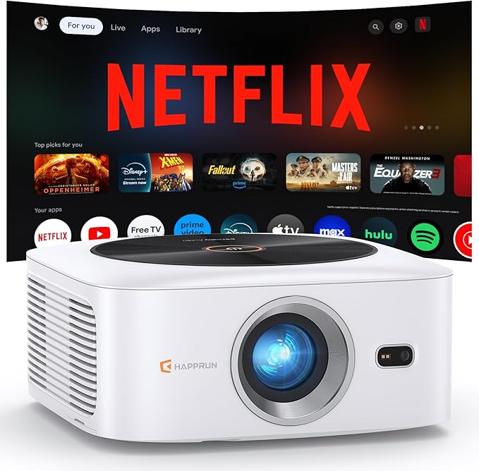 1500 ANSI Official Licensed Netflix Outdoor Projector 4K Full HD, Smart Projector with Wifi and Bluetooth, Auto Focus, Dolby Sound, Built-in Apps, HAPPRUN Indoor Home Theater for Phone/PC/PS5