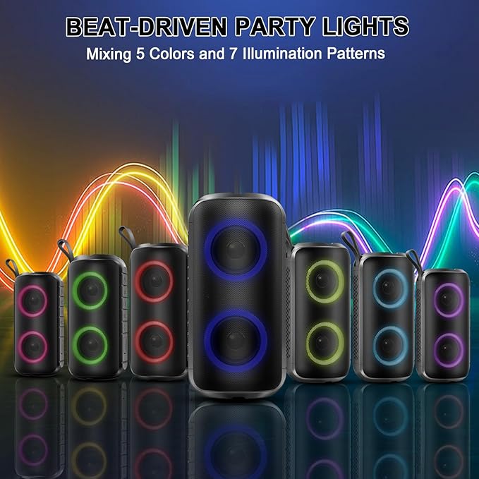 Bluetooth Speaker with 6D Loud Sound, 2025 New Portable Wireless Speaker, IPX7 Waterproof, RGB Lights, BT5.3, 12H Playtime, for Home/Party/Outdoor/Beach, Stocking Stuffers, White Elephant Gifts