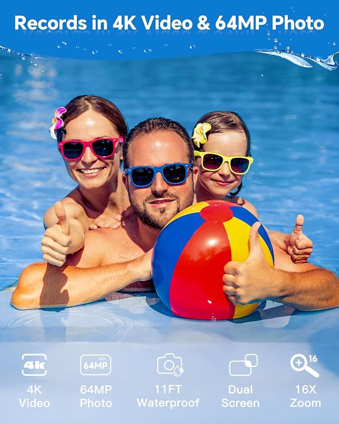4K Underwater Camera Snorkeling 11FT Waterproof Camera 64MP Autofocus with 32GB Card Dual Screens Selfie 16X Zoom Floatable Compact Digital Camera Waterproof with 2 Batteries (Black)