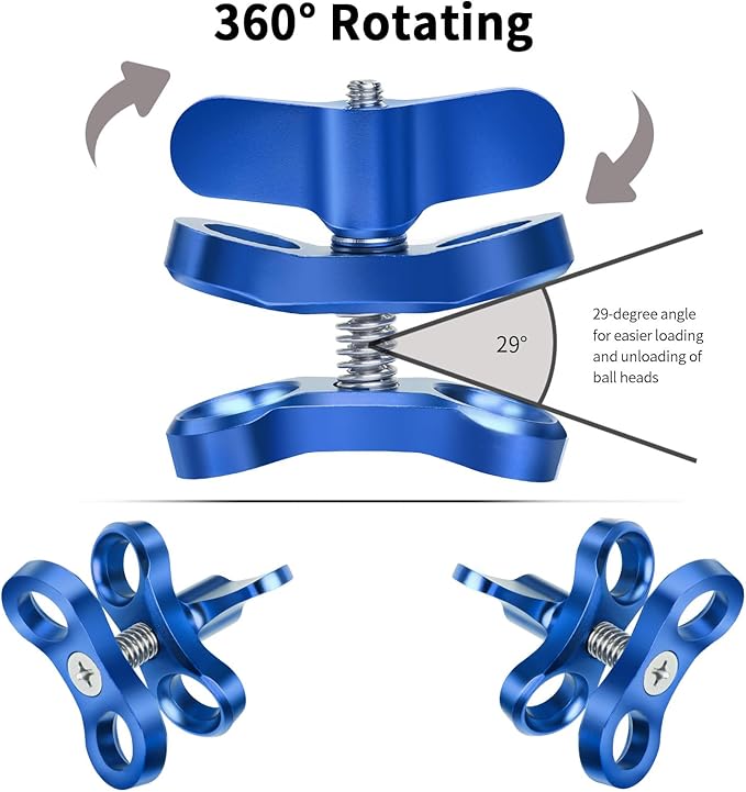 2-Hole 1" Aluminum Underwater Camera Clamp Ball Mount (2-Pack) - Underwater Bracket for Diving Light Arms & Camera Trays, Saltwater-Resistant Adapter for Scuba Photography/Videography Gear