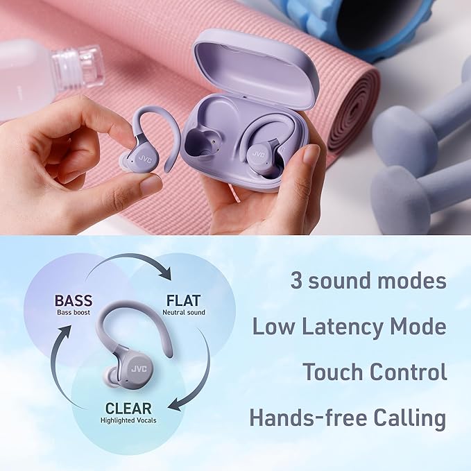 JVC Fitness Series True Wireless Sport Earbuds with Adjustable Hooks, Active Noise Cancelling, Ambient Sound Mode, IP57 Waterproof, 40hr Long Battery Life, App EQ, Low Latency, Mic HAEC75TV Violet