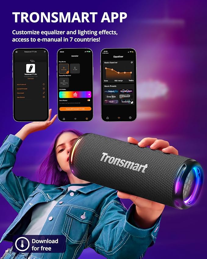 Tronsmart T7 Lite 24W Portable Bluetooth Speaker, Enhanced Bass, Rainbow Light Show, 24H Playtime, IPX7 Waterproof, Wireless Stereo Pairing, Bluetooth 5.3, for Home Outdoor Travel (Black)