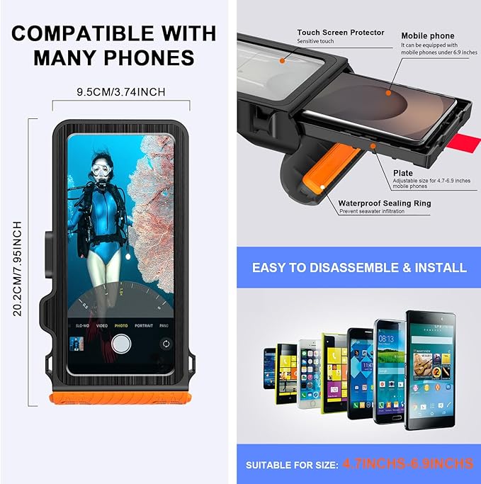 2025 Upgrade Waterproof Phone Case, Diving Snorkeling Swimming Scuba Underwater Touch Screen Photo Video Housing Cover for 17/16/15/14/13/12/11 Pro Max/XS Samsung Galaxy S25/S24/S23/S22 (Black Orange)