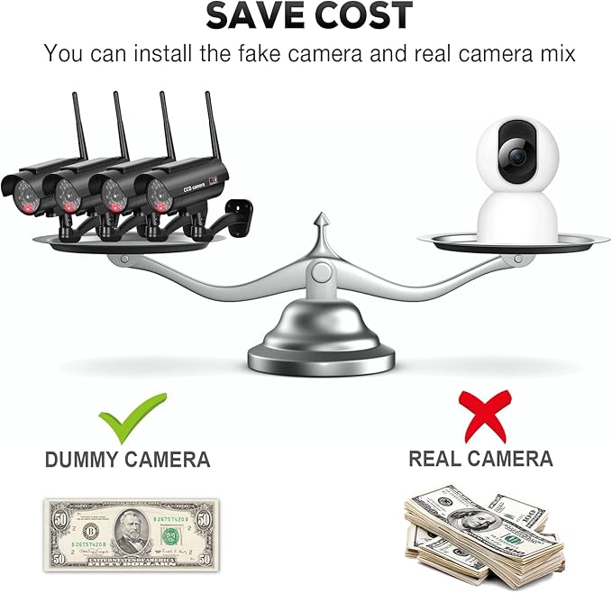 BNT Solar Powered Fake Security Camera, Bullet Dummy Security Camera Simulated Surveillance System with Realistic Red Flashing Light Sensor and Warning Sticker for Indoor/Outdoor(4Pack, Black)