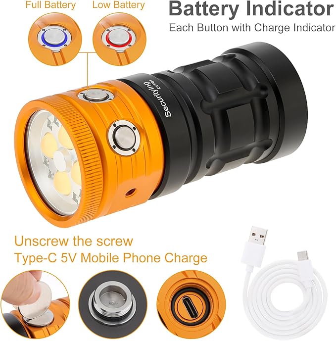 Diving Light for Underwater Photography, DVF01 25000 Lumens, 100m Underwater Video Light, Aluminum Alloy Diving Flashlight with Type-C Charging Waterproof Flashlight for Photography