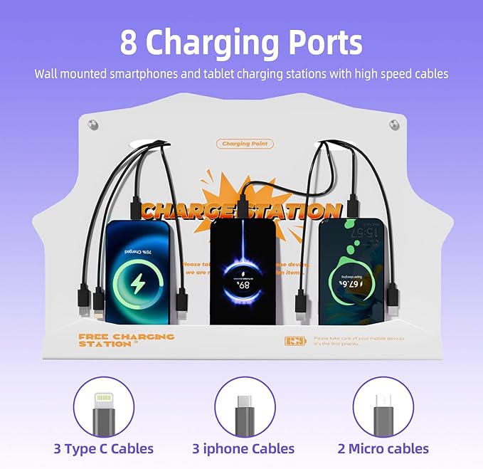 Wall Mounted Cell Phone Charging Station with 8-Port High-Speed Cables – Universal Dock for Apple, Type-C & Android Devices – Ideal for Airports, Hotels, Malls, Offices, Schools (White)