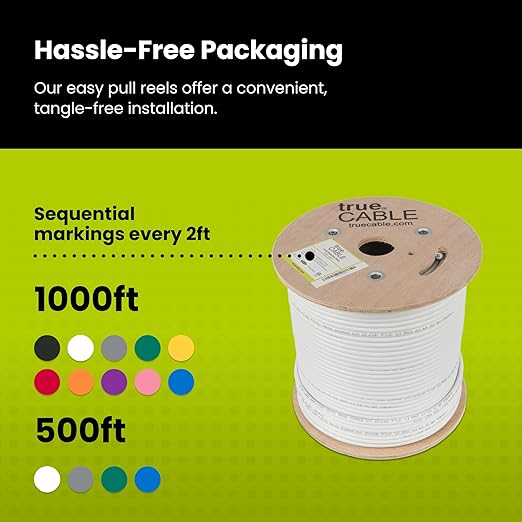 TRUE CABLE Cat6 Shielded Riser (CMR) Bulk Ethernet Cable, 500ft, White, 23AWG Solid Bare Copper, 550MHz, Overall Aluminum Foil Shield (F/UTP), PoE++ 100W, ETL Listed