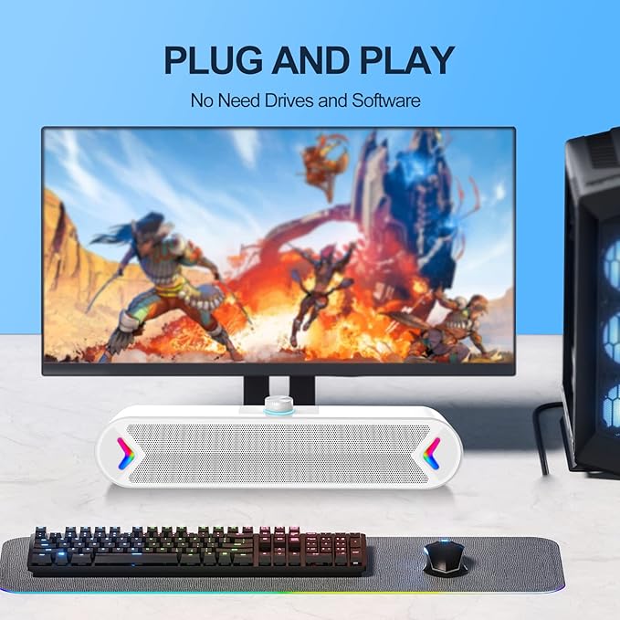 LENRUE Computer Speakers,Wired USB-Powered Sound-bar with 10W Stereo Sound for PC Desktop,Plug-n-Play (A39PRO /White)