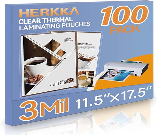 HERKKA 100 Pack Laminating Sheets, Hold 11 x 17 Inch Sheet, 3 Mil Clear Thermal Laminating Pouches 11.5 x 17.5 Inch Lamination Sheet Paper for Laminator, Round Corner