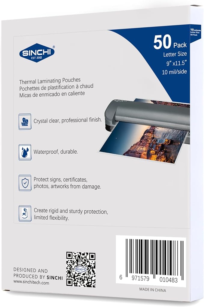 SINCHI Thermal Laminating Pouch, 10 mil per Side, 9x11.5-Inches Letter Size, 50pcs Pack, Ultra Clear & Sturdy Laminating Sheets
