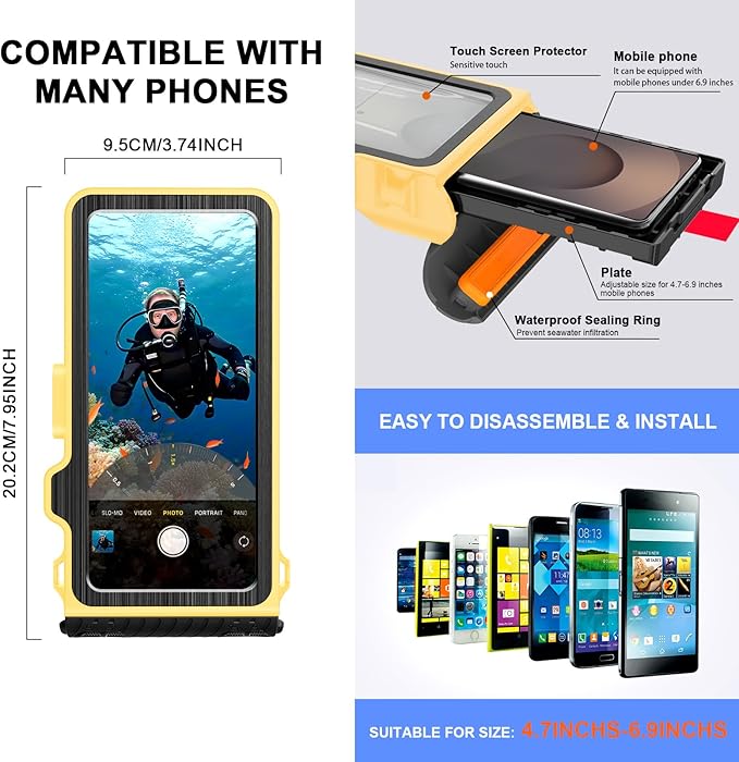 2025 Upgrade Waterproof Phone Case, Diving Snorkeling Swimming Scuba Underwater Touch Screen Photo Video Housing Cover for 17/16/15/14/13/12/11 Pro Max/XS Samsung Galaxy S25/S24/S23/S22 (Yellow Black)