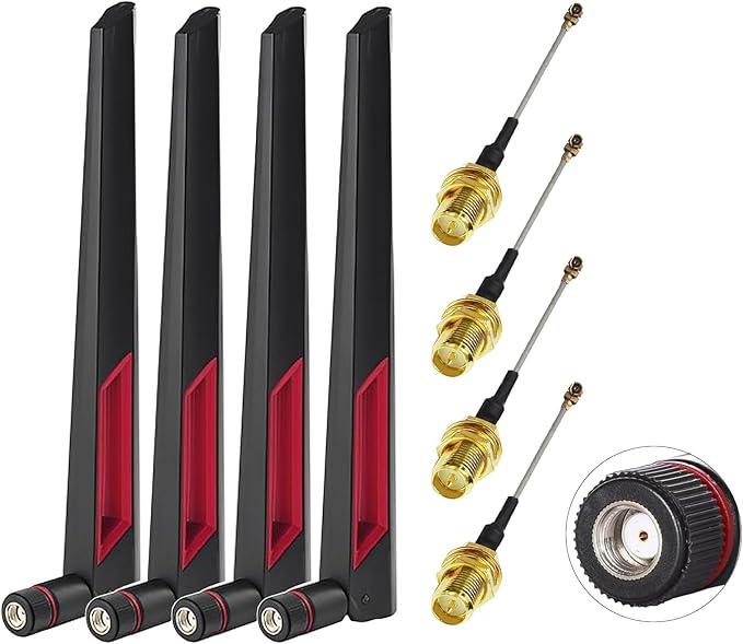 WiFi Antenna Dual Band 2.4GHz 5.8GHz 12dBi RP-SMA Male Antenna 20cm+U.FL IPX IPEX to RP-SMA Female Cable RG1.13 for WiFi Router Wireless Adapter Network Card Security Camera(Pack of 4)