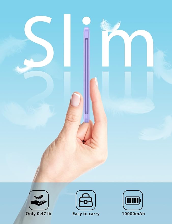 10000mAh Slim Portable Charger with Built in Cable, Power Bank Travel Charger External Battery Pack for Phone, 4 Output USB Type C Cord Clutch Charger Compatible with iPhone, 2 Pack White & Purple