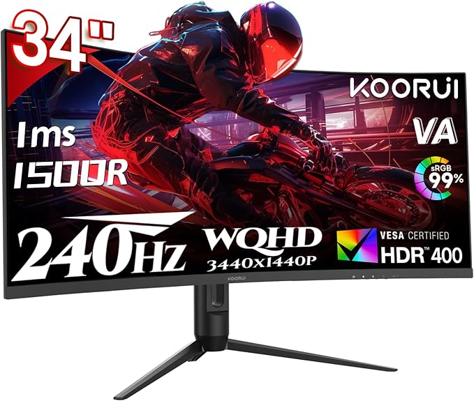 KOORUI 34 Inch 240Hz Ultrawide Curved Gaming Monitor 3440x1440P, 21:9 Display, 1500R Curvature. 1MS, PIP/PBP, Support Adaptive Sync, DP, HDMI, PS5,Vesa