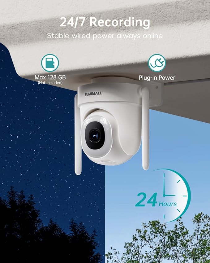 ZUMIMALL 5MP Outdoor Camera Wireless 2-Pack - 24/7 Recording Wired Power, Support 5GHz WiFi | Motion & Noise Detection, 360° PTZ Auto Tracking, Color Night Vision | IP66, Alexa Google Compatible