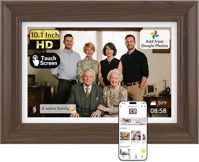 NexFoto 10.1 Inch Wood Digital Picture Frame Touchscreen, HD 1280x800 64GB WiFi Digital Frame, Add Photos from Google Photos, Share Videos via App/USB/Micro SD, Gift for Mom/Birthday (Walnut)
