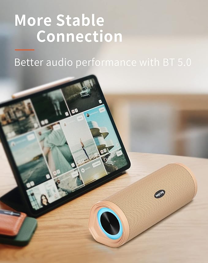 HEYSONG Portable Bluetooth Speaker, Waterproof Wireless Shower Outdoor Speakers, IPX7 Floating, 5000mAh, TF Card, Good Bass, Loud Sound for Beach, Pool, Kayak Accessories, Gifts for Men-Apricot