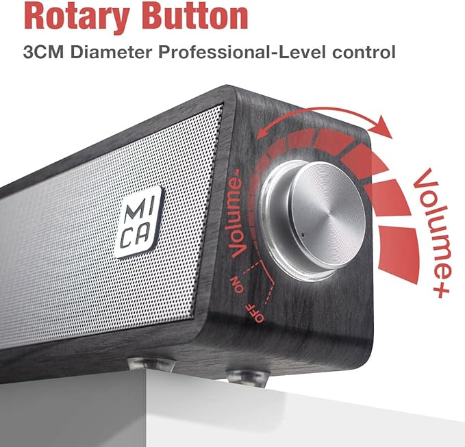 MICA Computer Speakers, Wired Computer Sound Bar, Wooden Mini Soundbar, USB Powered PC Speakers for Desktop Monitor, Laptop, Tablet, 3.5mm Aux Connection, Angled (Gray)