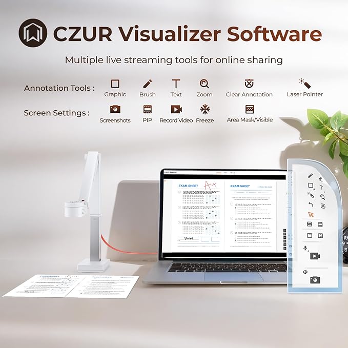CZUR Fancy S Pro USB Document Camera for Teacher, 12MP 4K Webcam with Microphone and LED Light, Up to 60fps, Auto Focus, for Remote Teaching, Web Conference, for Mac and Windows, White