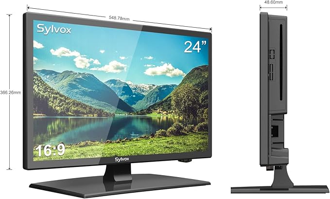 SYLVOX 24'' TV 12/24 Volt TV 1080P FHD, with Digital Video Disc Player FM Radio Base and Digital Noise Reduction, Suitable for RV Camper Kitchen Bedroom Boat