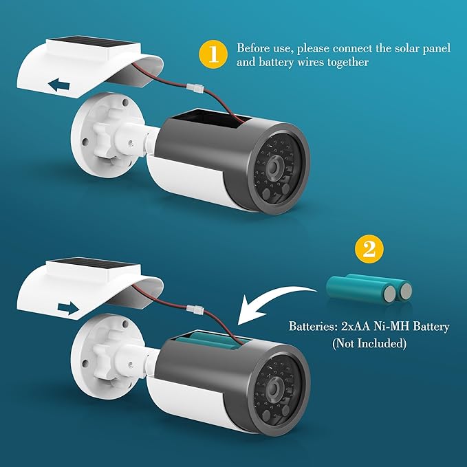 BNT Solar Powered Fake Security Camera, Bullet Shape Fake Surveillance Camera with Red LED Light for Night, Security Warning Sticker, for Outdoor Safety Alert (White 2Pack,Battery not Included)