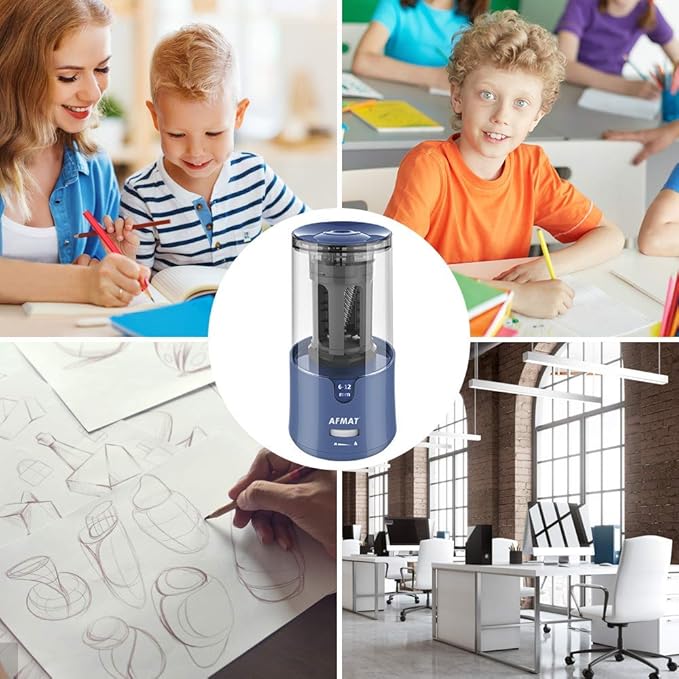 AFMAT PS93 Pencil Sharpener, Electric Pencil Sharpener for Colored Pencils, Auto Stop, Fast Sharpen in 3s, Large Hole Pencil Sharpeners Plug in for 6-12mm No.2/Jumbo Pencils - Blue
