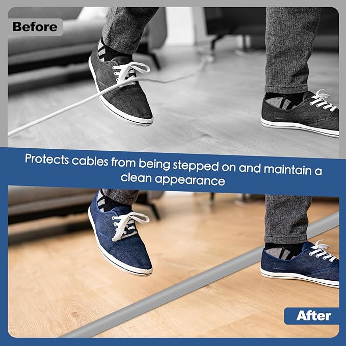 Floor Cord Cover for Wires on Floor Self Adhesive Cord Hider Floor Cable Management Wire Covers for Cords Protector Prevent Cable Trips Cord Cavity W 0.47" x H 0.27", Gray, 10Ft
