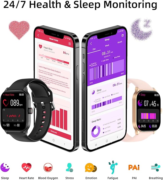 Smart Watch with AI (Built-in GPS), 1.96" HD Fitness Tracker for Men Women, 100+ Sports Modes, Call/Reply/Notification, 24/7 Heart Rate & Sleep Monitor, Waterproof Smartwatch for Android iPhone