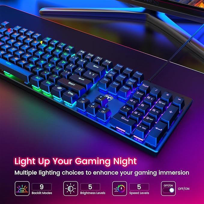 RisoPhy Mechanical Gaming Keyboard, RGB 104 Keys Ultra-Slim LED Backlit USB Wired Keyboard with Red Switch, Durable ABS Keycaps/Anti-Ghosting/Spill-Resistant for PC Mac Xbox Gamer