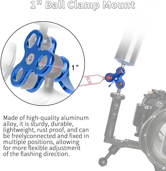 3-Hole 1" Aluminum Underwater Camera Clamp Ball Mount (2-Pack) - Underwater Bracket for Diving Light Arms & Camera Trays, Saltwater-Resistant Adapter for Scuba Photography/Videography Gear