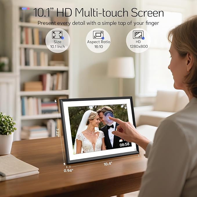 NexFoto 10.1 Inch Touchscreen Digital Picture Frame 64GB, HD WiFi Digital Photo Frame, Unboxing Gift Mode, Add Photos from Google Photos, Easy to Share Photos/Videos, Gifts for Mom, Black