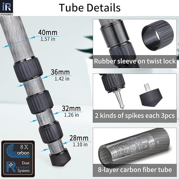 INNOREL NT404C Carbon Fiber Tripod Professional Birdwatching Heavy Duty Camera 66lb/30kg Max Load 40mm Max Tube Diameter Bowl Tripod Birdwatching Camera Stand with 75mm Universal Bowl Adapter