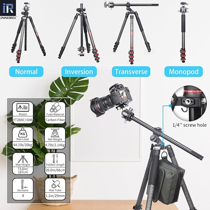 Carbon Fiber Horizontal Tripod INNOREL YT284C, Rotatable Multi-Angle Center Column and 46mm Low Gravity Ballhead Professional Camera Tripod Monopod for DSLR Video Camcorder Overhead Shooting Load 20kg
